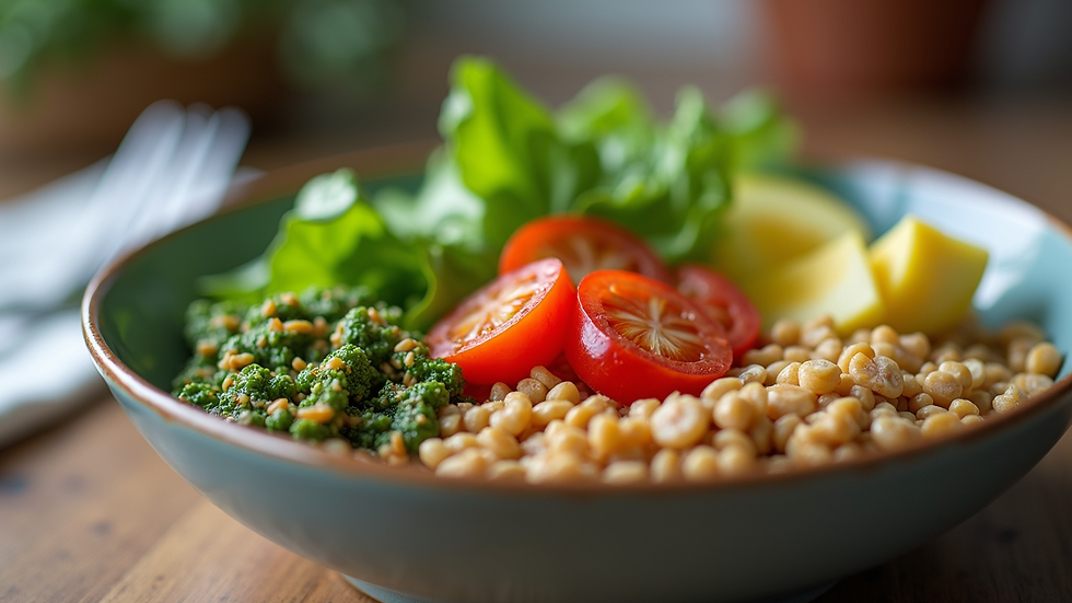 Close-up of a healthy lunch bowl with vegetables and grains