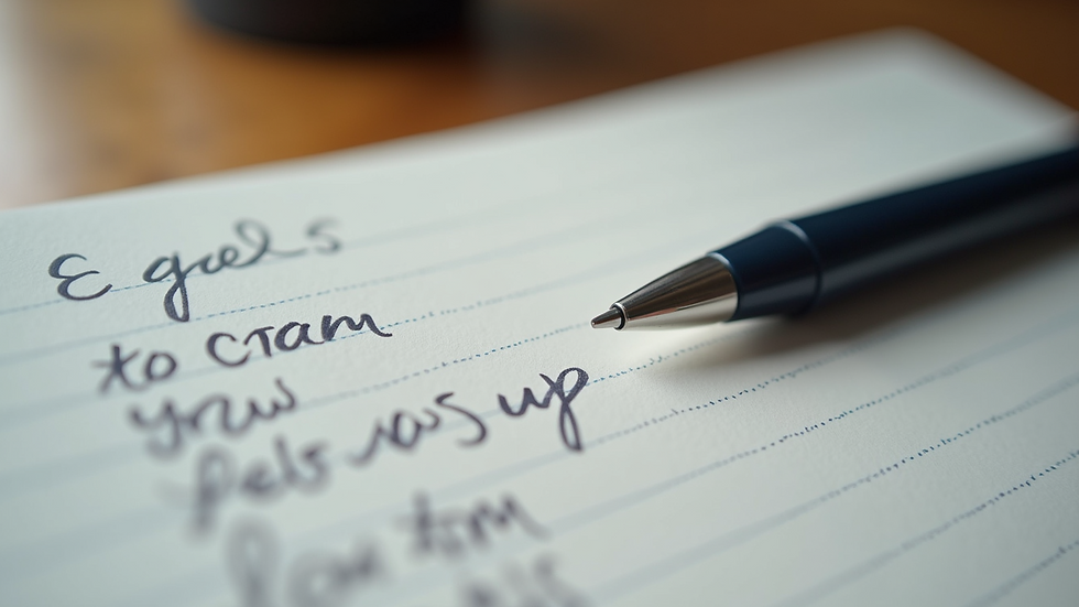 Close-up of a journal with handwritten goals and a pen