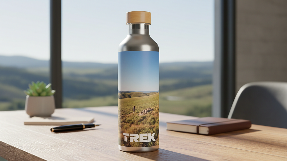 Eye-level view of a reusable water bottle on an office desk