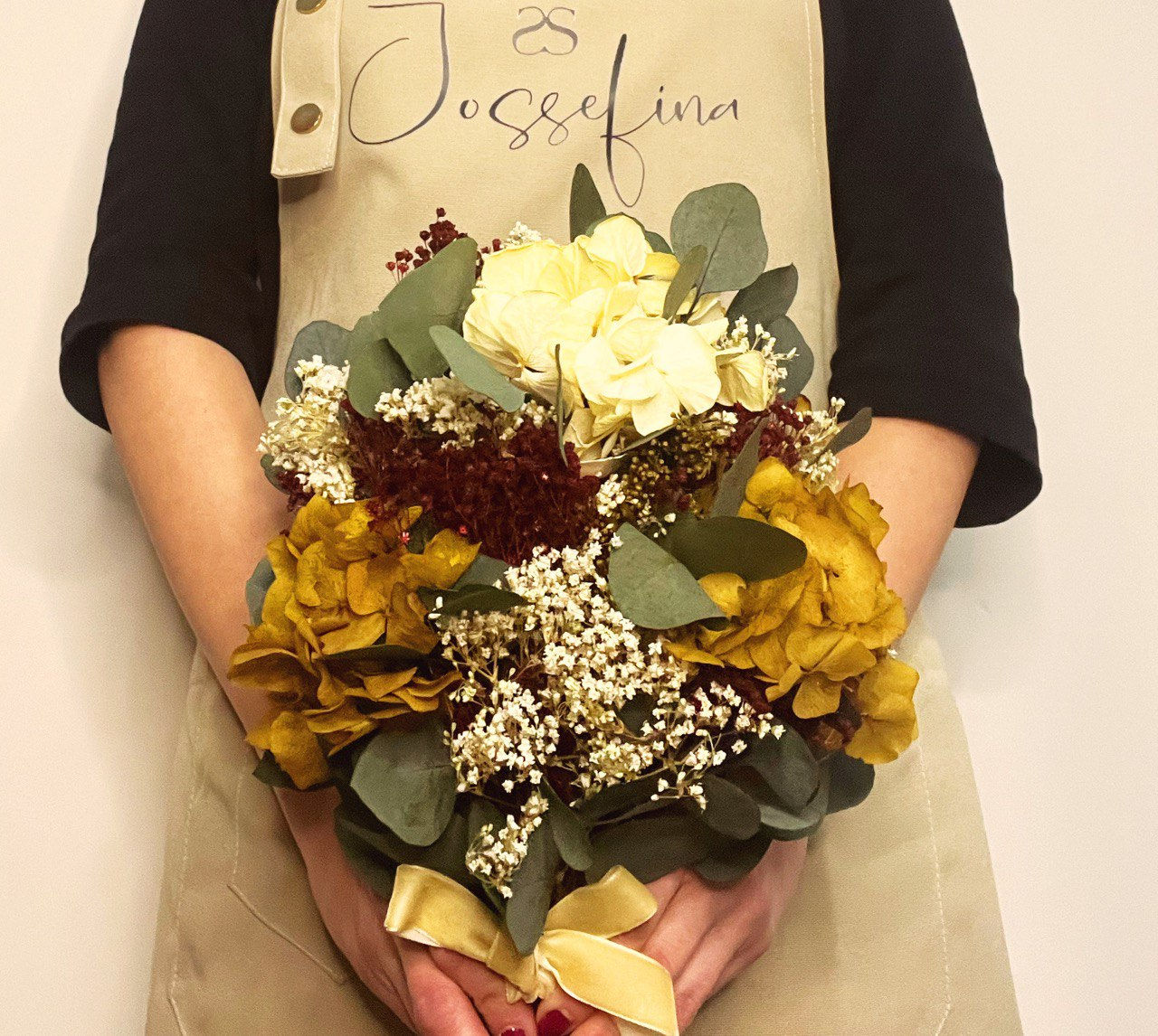 ramo novia flores preservadas hortensia ocre