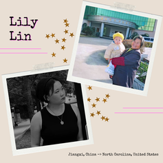 The background is a light beige with scattered golden stars and thin pink lines for decoration. At the left, the name “Lily Lin” is written in bold black serif font with a pink shadow effect. Two Polaroid-style photos are taped onto the background: the top right shows a woman holding a baby in front of a building with green glass windows, both smiling at the camera, while the bottom left is a black-and-white photo of Lily wearing a sleeveless black top, necklace, and headband, gazing thoughtfully to the side. Below the images, text reads: “Jiangxi, China to North Carolina, United States.”