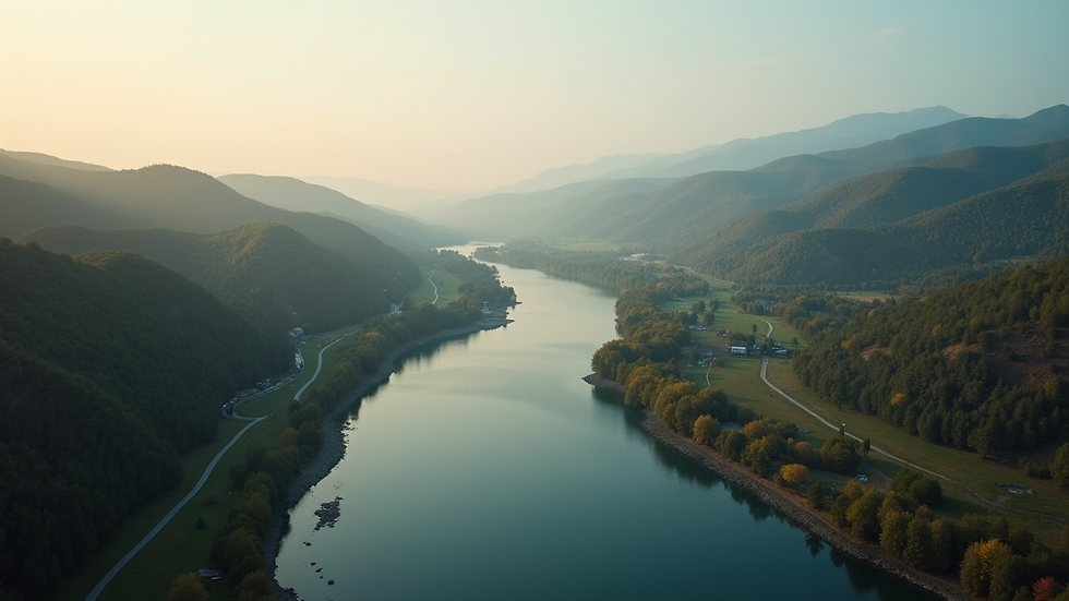 High angle view of a serene landscape with a winding river