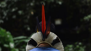 Frame do filme Os Sonhos Guiam. De costas dos ombros pra cima uma pessoa de cabelos lisos escuros e curtos. Usa camiseta azul e tem pendurado no pescoço um cocar com uma grande pena vermelha que sobe da sua cervical para cima de sua cabeça. 
