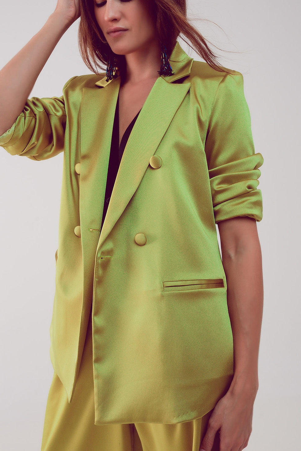 Thumbnail: Satin Tailored Double Breast Blazer in Lime