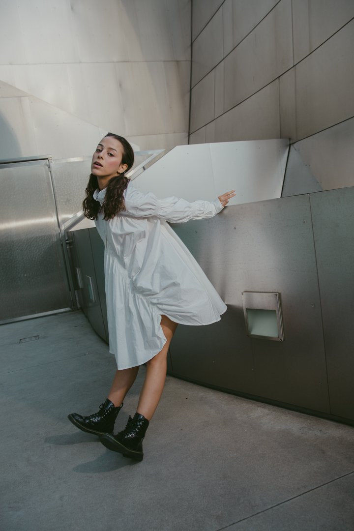 Thumbnail: Hotaru Long Sleeve Pleated Shirt Dress - White