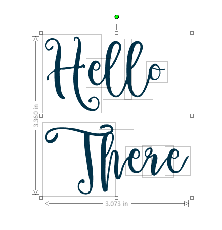 Words hello there written in Delaney font. The letters have been ungrouped with a bounding box around each letter.