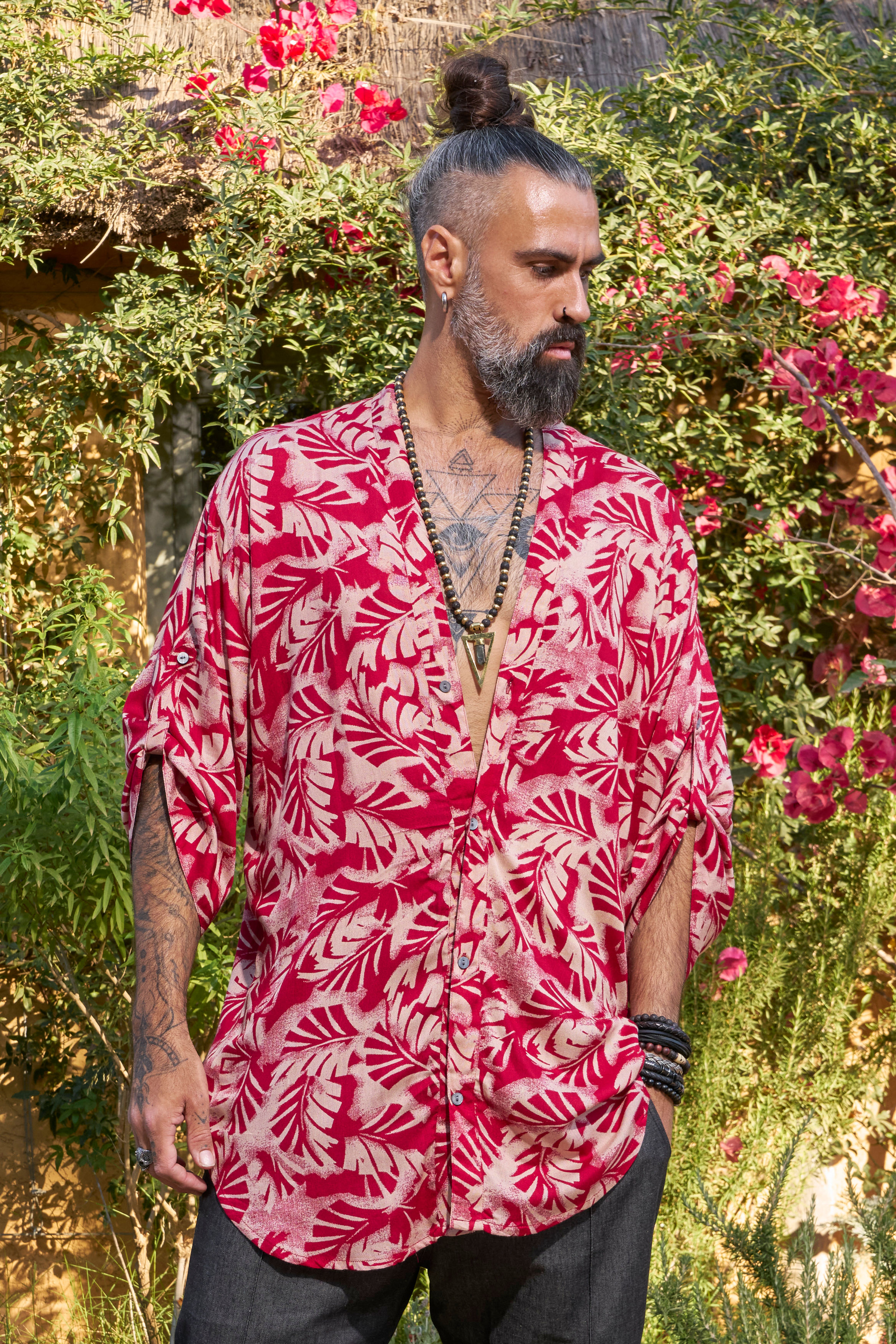 Red Zeus Shirt, 100% double gauze cotton, roll-up sleeves, casual shirt