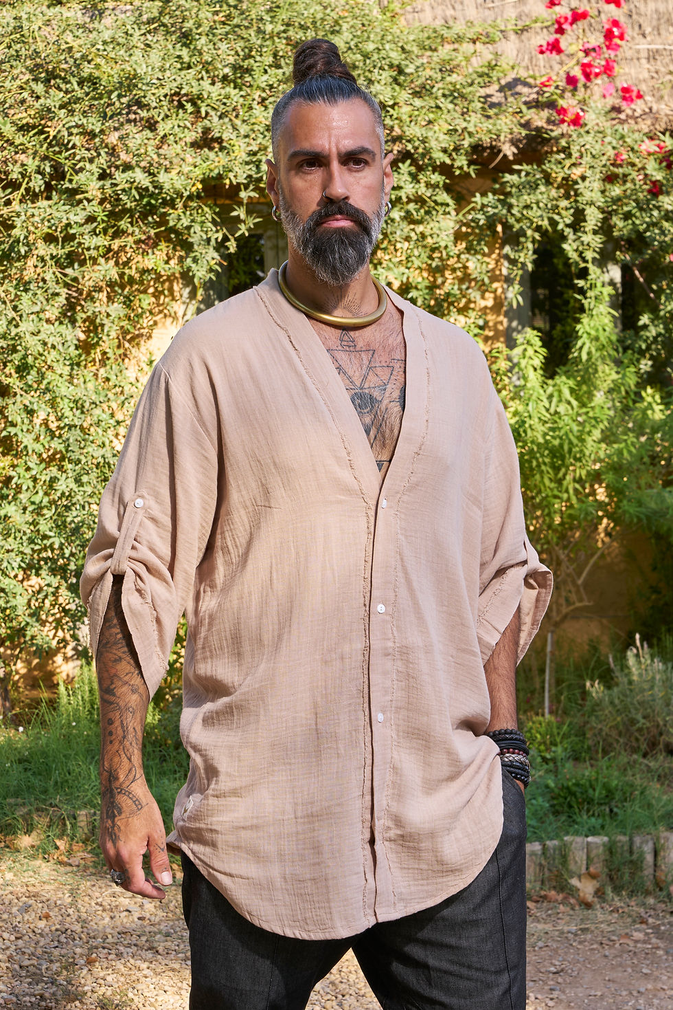 Beige Zeus Shirt, 100% double gauze cotton, roll-up sleeves, casual shirt