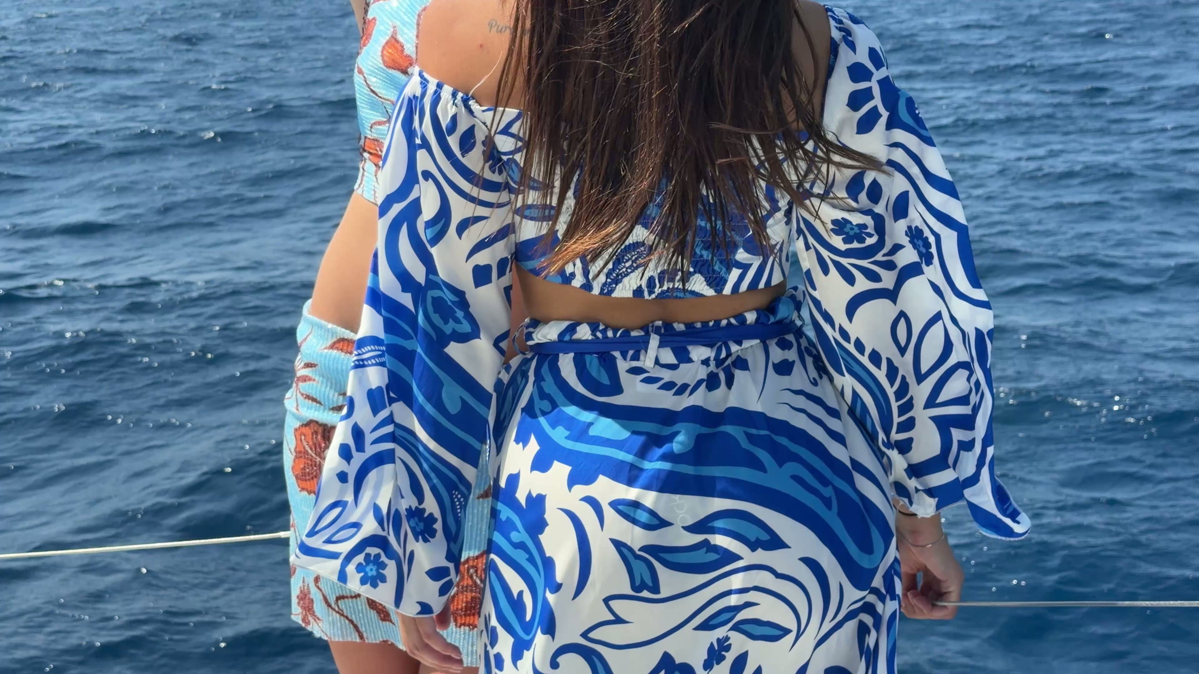 Santorini Breeze Two-Piece Set – Blue & White Resort Wear