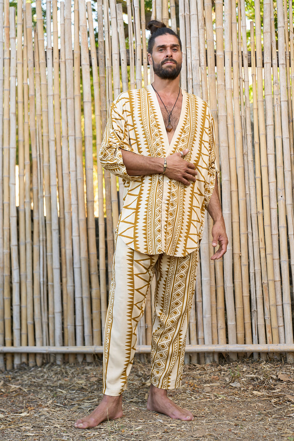 Thumbnail: Geometry Long Set, 100% rayon, geometric print, button-up shirt and pants