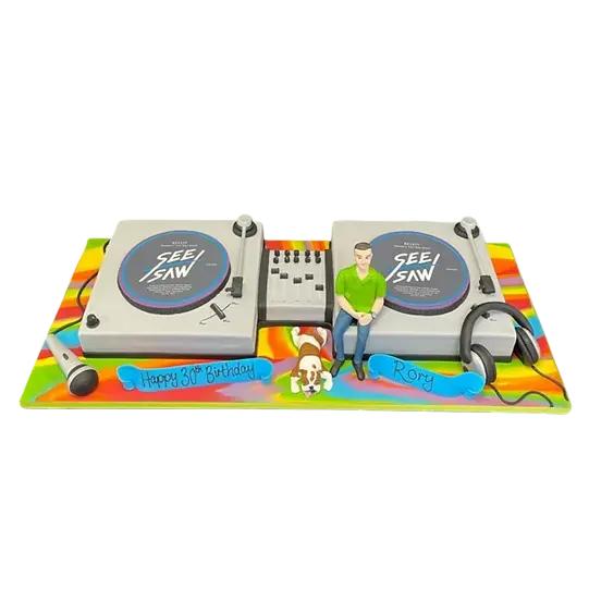 Bespoke Mixing Decks cake with edible DJ turntable and vinyl records, crafted in Solihull, West Midlands.