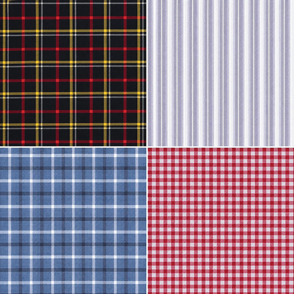 Pima Cotton Blend fabrics: dark plaid, slate stripe, blue check, red gingham