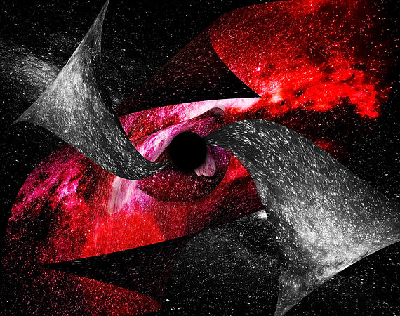 An astrophotography graphic design of an interpretation of a black hole with stars and canvas being sucked into it.