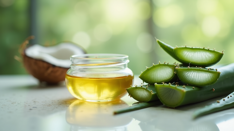 Eye-level view of natural hair care ingredients including coconut oil and aloe vera