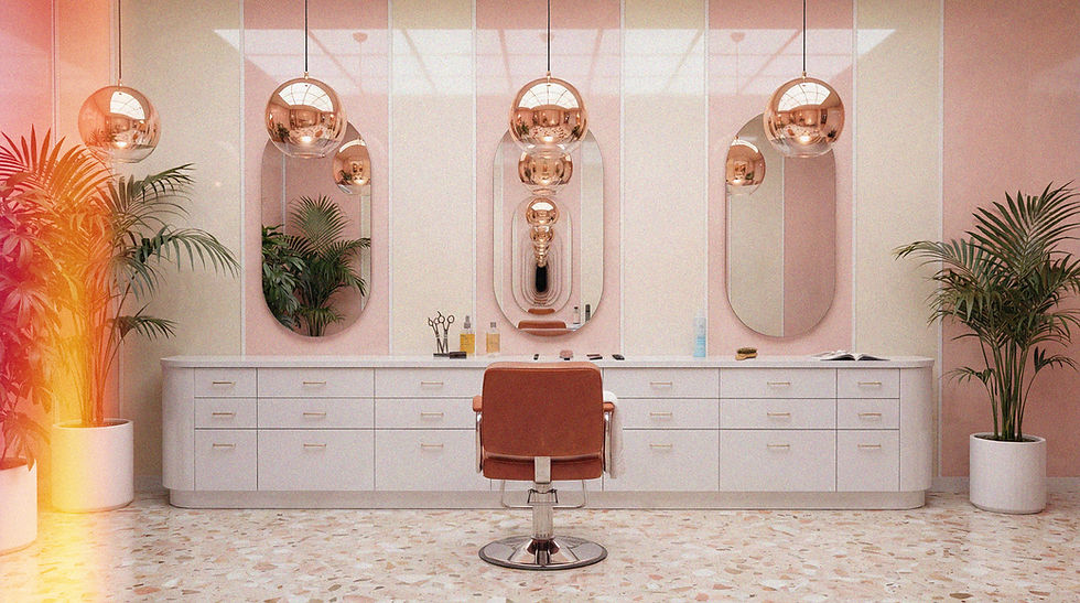 Salon interior with a central brown chair, mirrors reflecting pendant lights, and white counter.