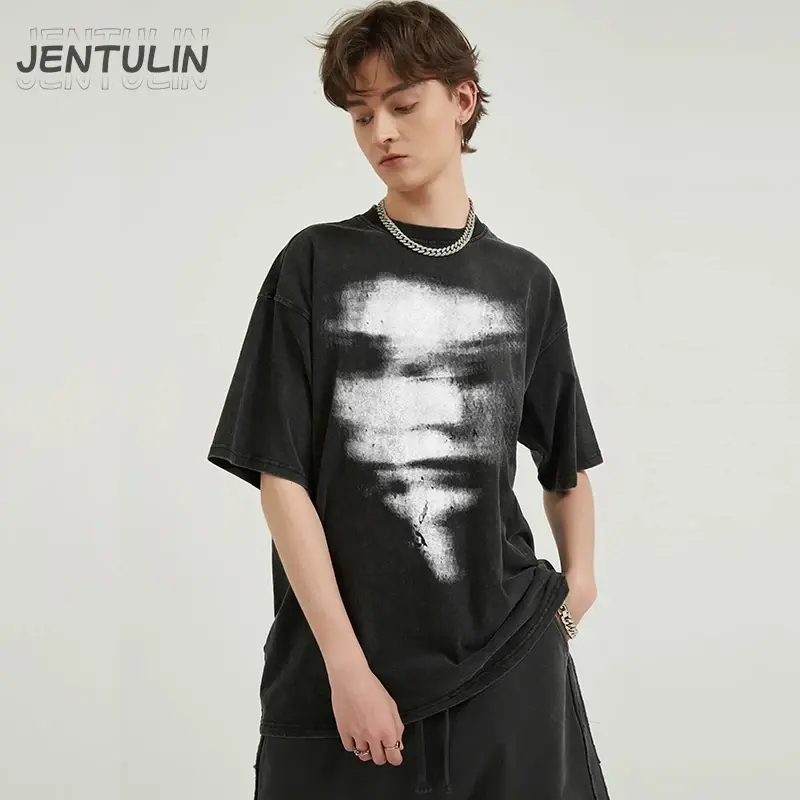 Thumbnail: Hip Hop Summer Washed Black Streetwear Graphic Blurry Face T Shirt Cotton Unisex