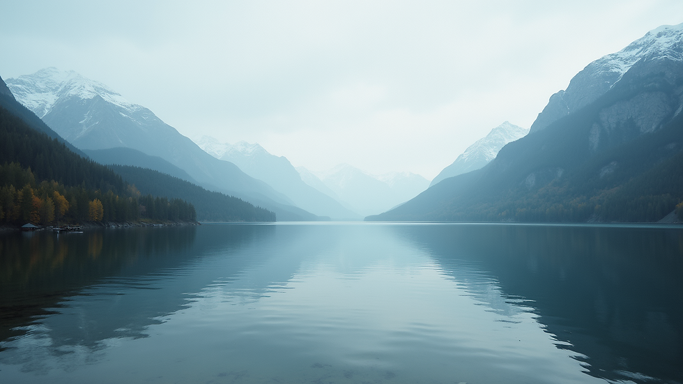 Eye-level view of a serene landscape with a calm lake and surrounding mountains