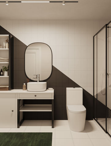 Vista da casa de banho: lavatório incorporado em móvel, espelho, sanita e cabine de duche.