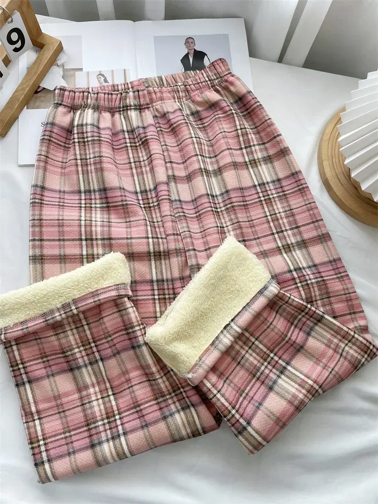 Thumbnail: Fashion Warm Plush Pants Cashmere Thick Plaid Ladies Winter Casual Loose Wide-le