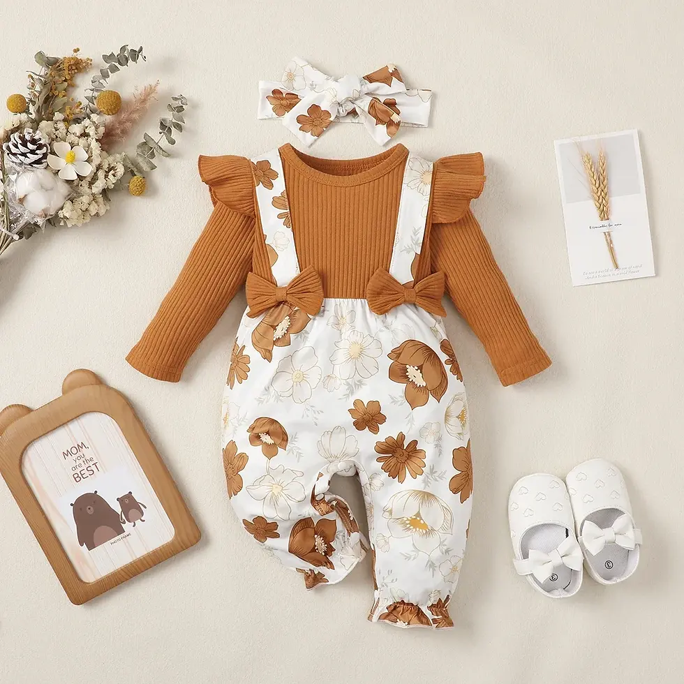Baby brown top and animal print overalls, headband, shoes