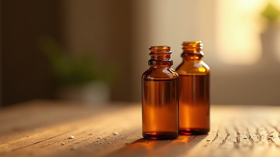 Close-up view of amber essential oil bottles on wooden surface