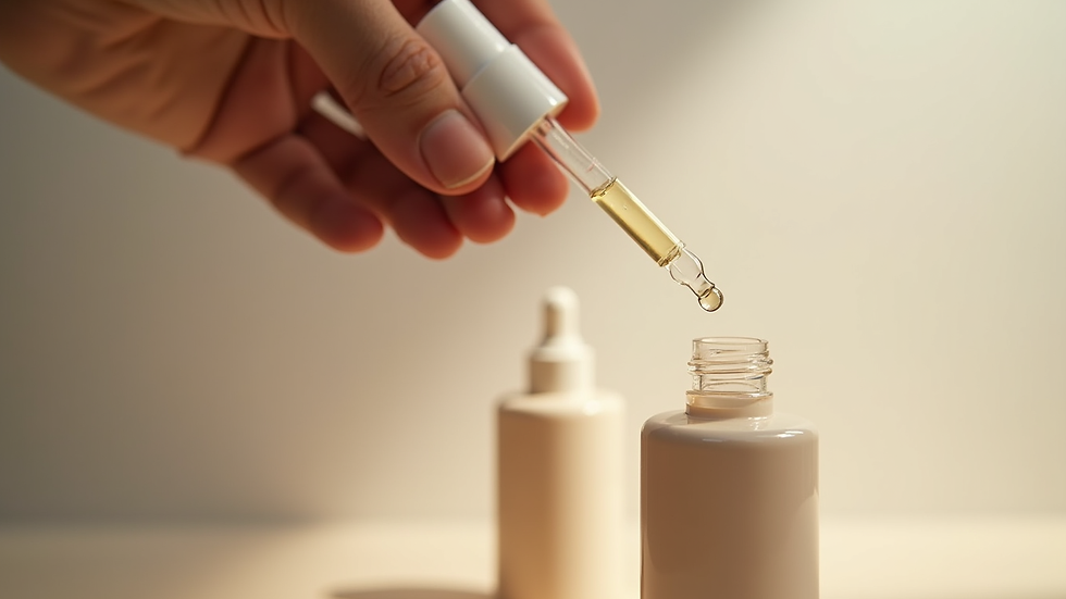 Eye-level view of hair serum dropper dispensing product
