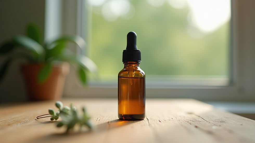 Eye-level view of eucalyptus radiata essential oil bottle on wooden table