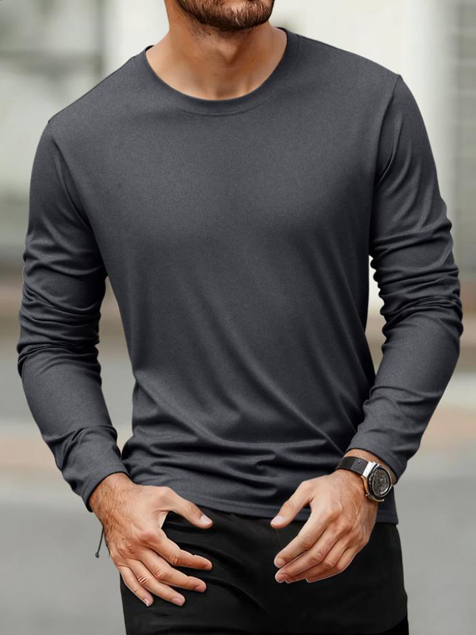 Thumbnail: Spring Autumn Men‘s T-shirts Long Sleeve Casual Tops Solid Color High Quality 