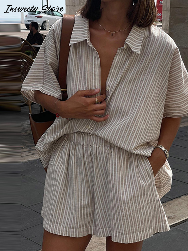 Thumbnail: Casual Stripe Shorts Set Women's Loose Single Breasted Half Sleeve Shirt High Wa