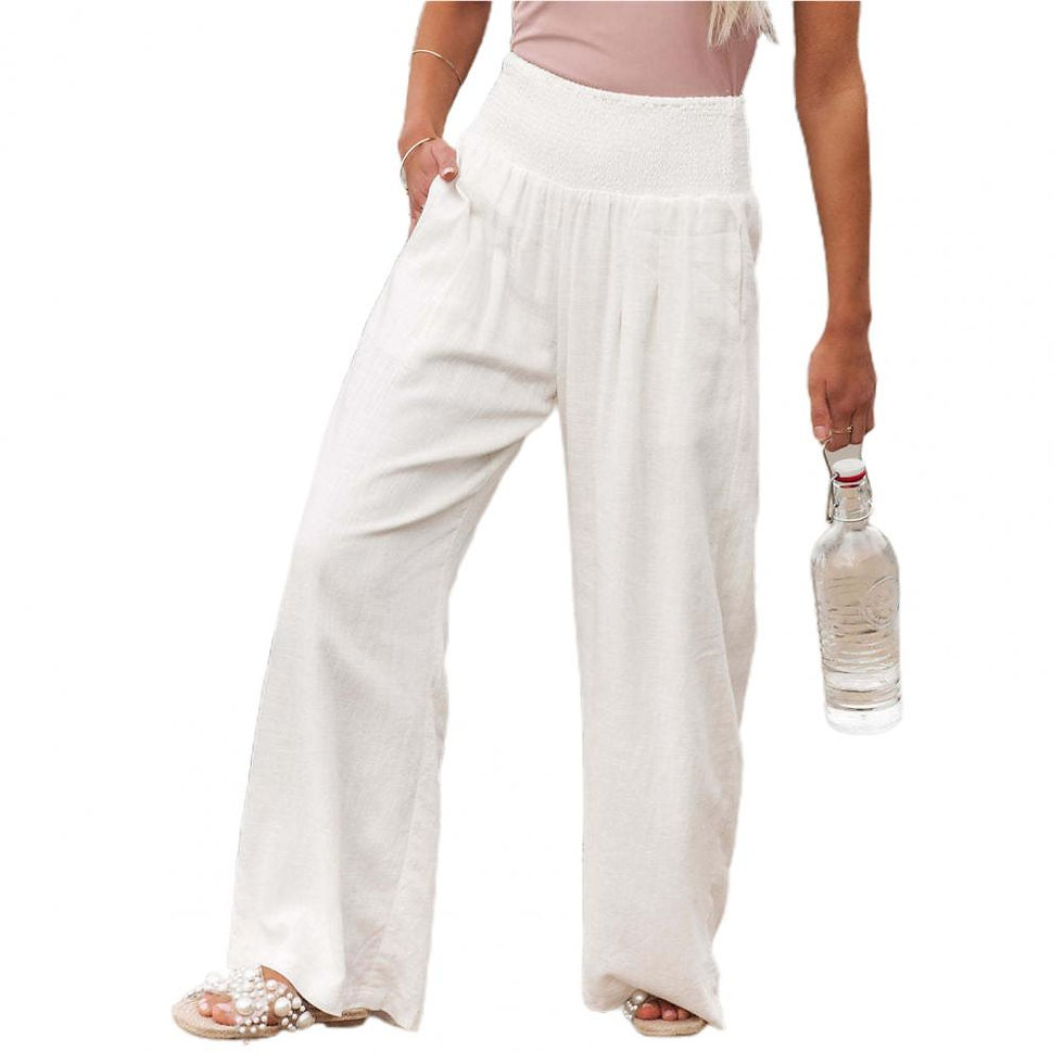 Thumbnail: Women Pants Solid Color Pocket Summer Loose Straight Leg Trousers Loose Wide Leg