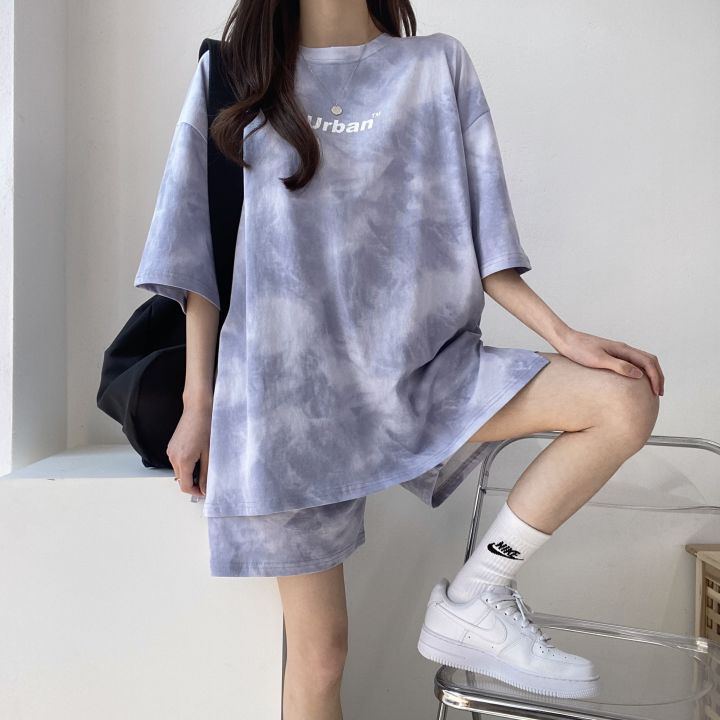 Thumbnail: Women T-Shirt Shorts Suit Set Casual Tie Dye Loose tshirt and wide leg middle sh