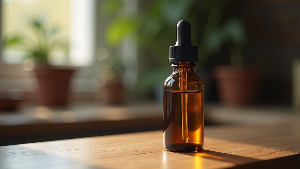 Close-up view of a bottle of beard oil on a wooden surface