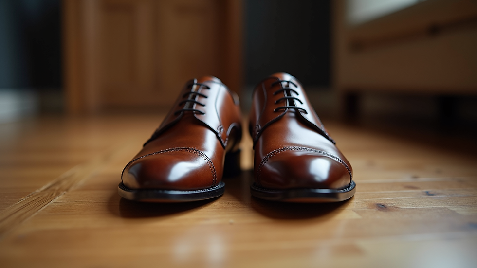 Close-up view of polished leather shoes on a wooden floor
