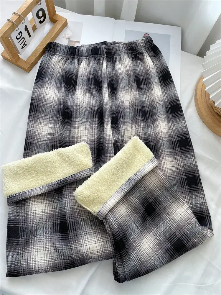 Thumbnail: Fashion Warm Plush Pants Cashmere Thick Plaid Ladies Winter Casual Loose Wide-le