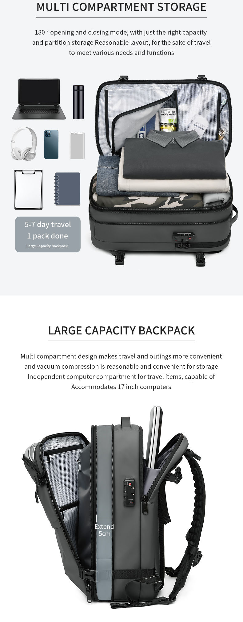 Thumbnail: Men Travel Backpack vacuum compression 17 inch Laptop Backpack Business Large Ca