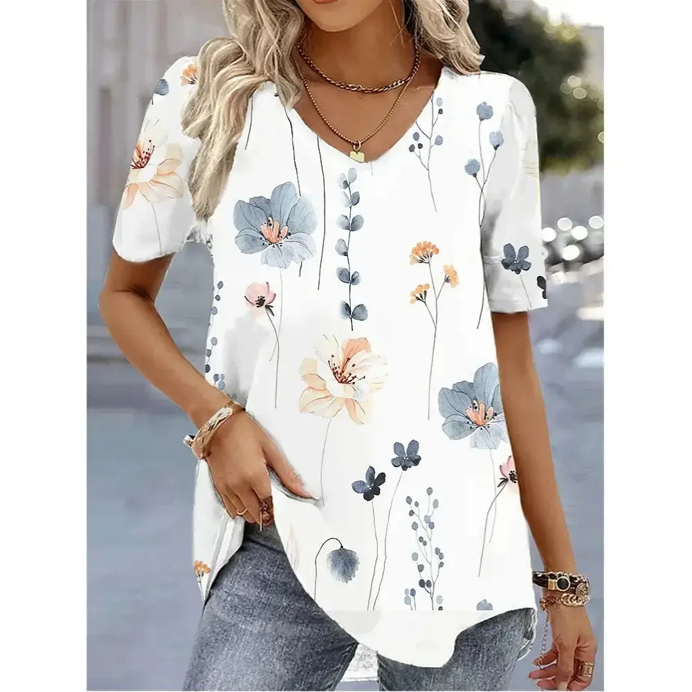 Woman in white floral V-neck top