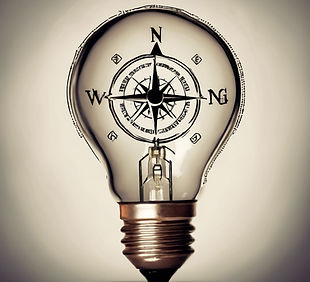 A lightbulb (representing ideas) combined with a compass or road sign to symbolize guidanc