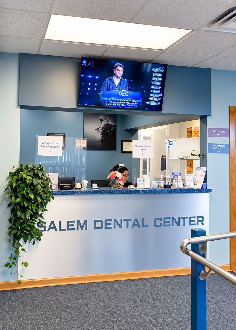 Reception area at Aleris Salem Dental Center, where patients can plan dental care before year-end.