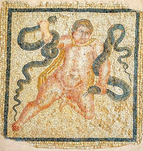 Yılanlarla Boğuşan Bebek Herakles Mozaiği; Kem Göz Evi, Antakya'daki Roma Dönemine ait villa, MS 2. yüzyıl, Hatay Arkeoloji Müzesi.