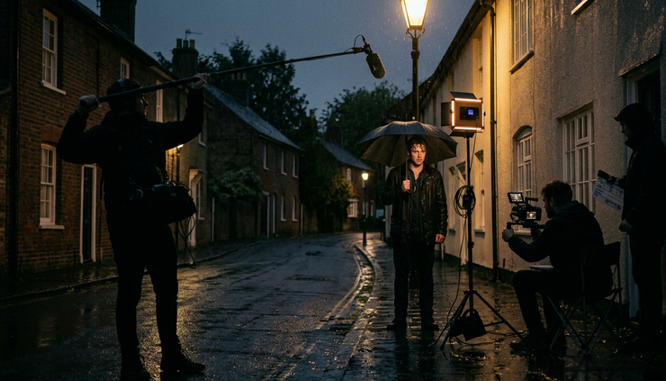 Low-angle view of a crew filming a night scene on a quiet residential street
