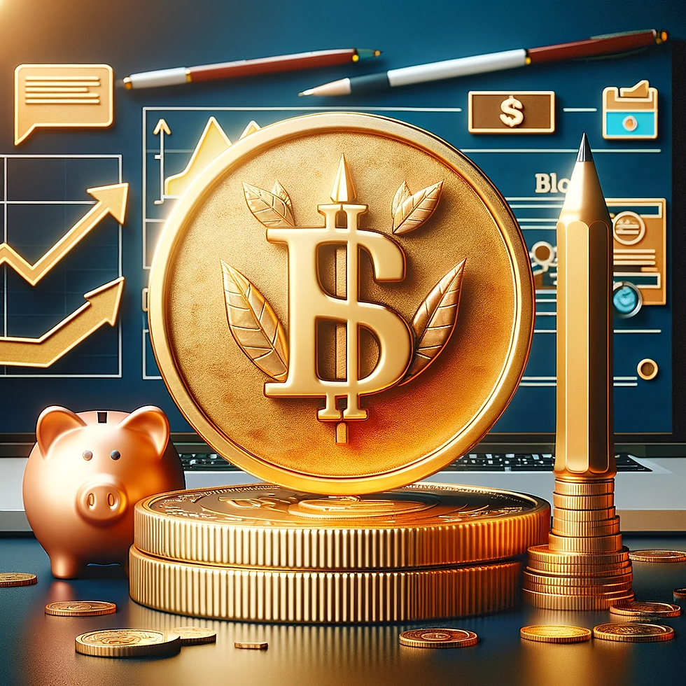 "Golden coin with a blog icon representing blog monetization, surrounded by symbols of financial growth like a piggy bank, upward trend graph, and a laptop showing a blog with ads