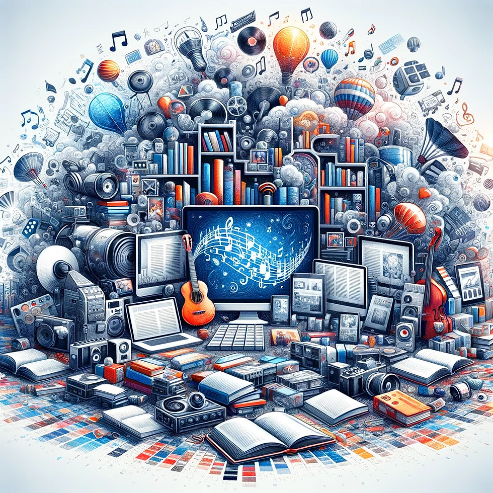 Artistic representation of a digital library with books, Artistic representation of a digital library with books, music, videos, and documentsmusic, videos, and documentsArtistic representation of a digital library with books, music, videos, and documents