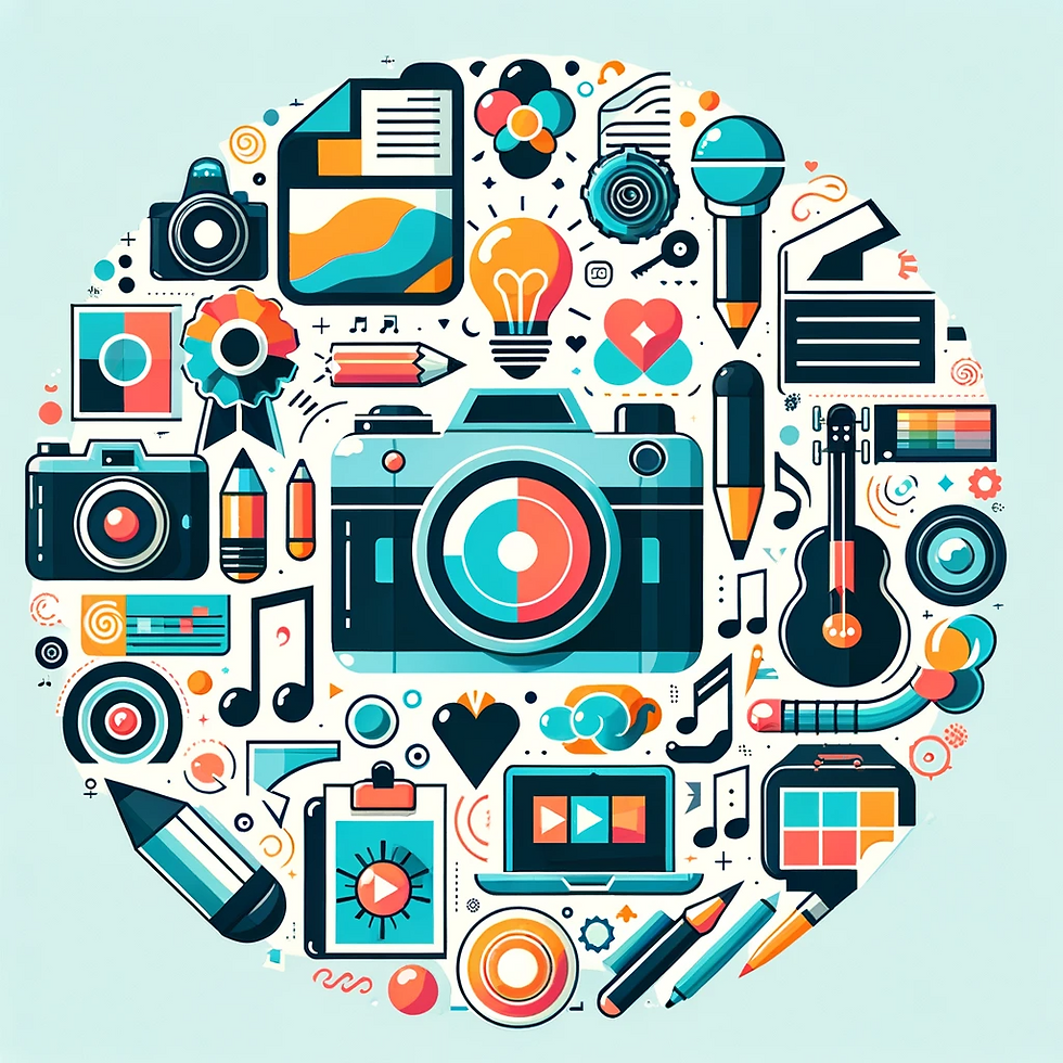 Graphic illustrating free creative assets with icons for photography, audio, illustrations, and documents