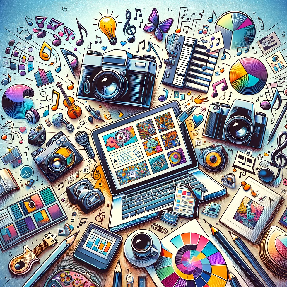 Collage showcasing diverse free media resources including stock photos, music notes, and Collage showcasing diverse free media resources including stock photos, music notes, and presentation slides.presentation slides.