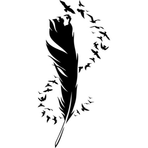 Black feather upright on a white background surrounded by a swirl of small black birds.