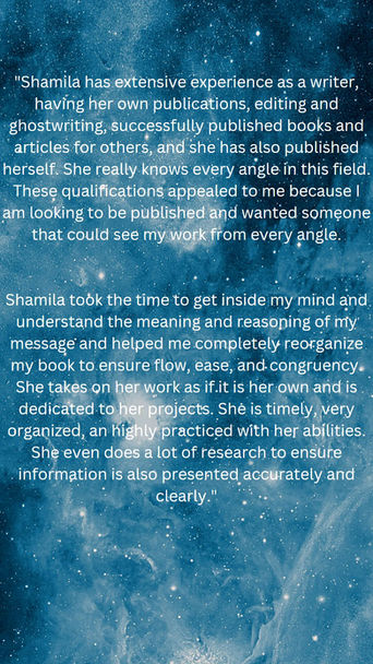 Snippet of a client review for editing and book coaching on blue background