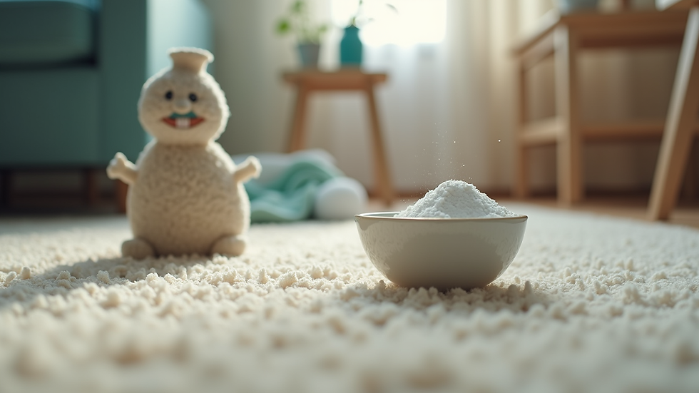 Eye-level view of a small bowl with baking soda and a spray bottle on a carpet