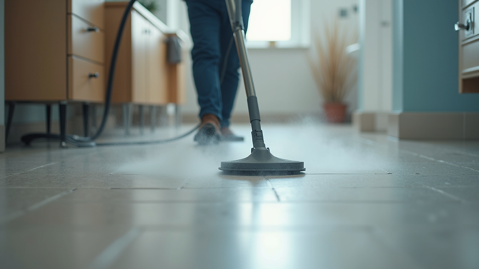 Eye-level view of a professional steam cleaner working on tile floor