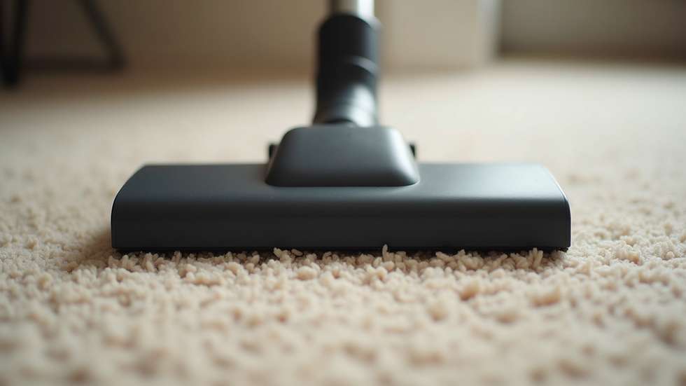Close-up view of vacuum cleaner head on beige carpet