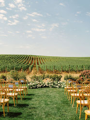 Sunny outdoor wedding ceremony set among vineyard vines at Stoller Family Estate, featuring a natural meadow-style arrangement of soft white altar florals in a warm, light-filled setting.